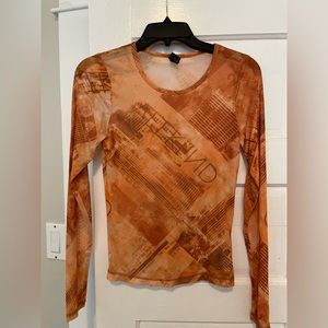 Orange Mesh Patterned Long Sleeve